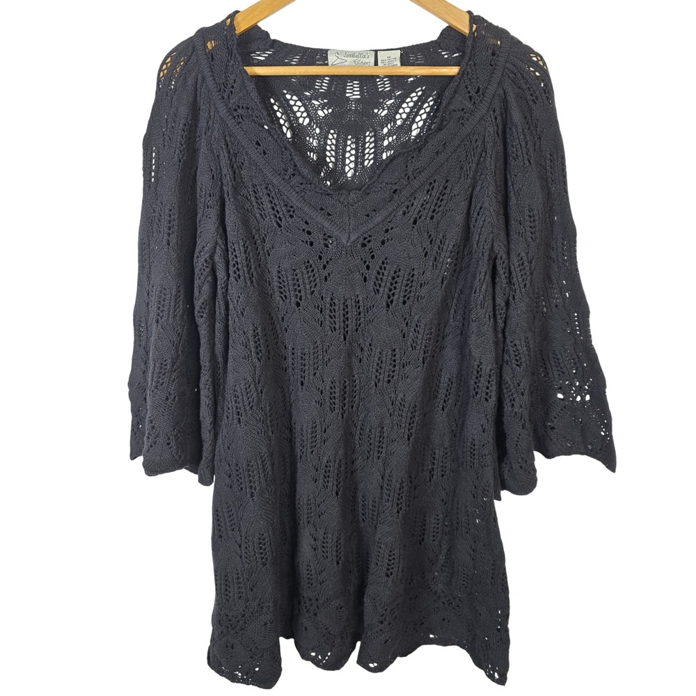 Isabella's Closet Black Crochet Knit V-Neck Tunic Bell Sleeve‎ Boho Top 1X